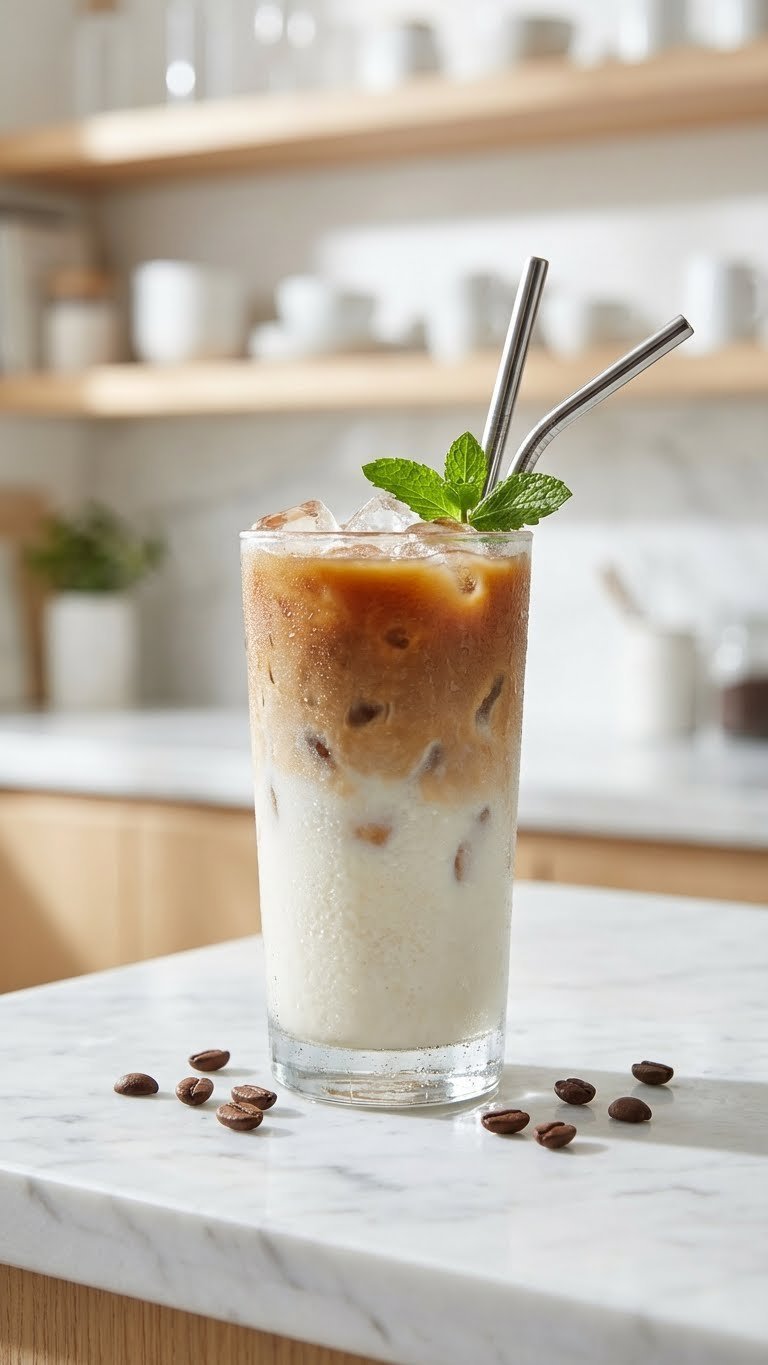 Make Protein Coffee At Home: Foolproof No-Clump Hot & Iced 3 Refreshing frosty iced protein coffee in a tall glass with distinct layers, ice, condensation, straw, and mint on a marble counter.