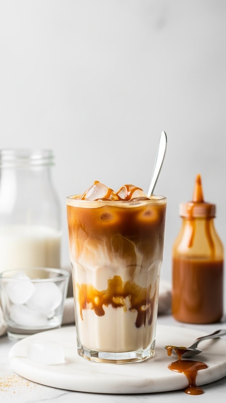Make Keto Protein Coffee: 7 Delicious, Easy Recipes for Energy 5 Refreshing iced caramel keto protein latte in a frosted glass with sugar-free drizzle and a spoon on white marble, bright daylight.