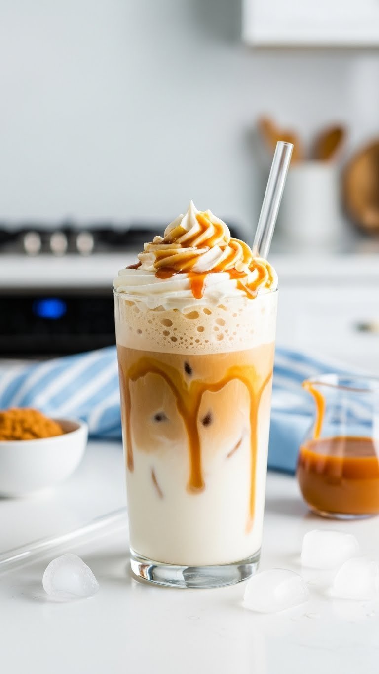 Refreshing iced caramel protein whipped coffee with golden foam and caramel drizzle in a clear glass with ice on a white countertop.