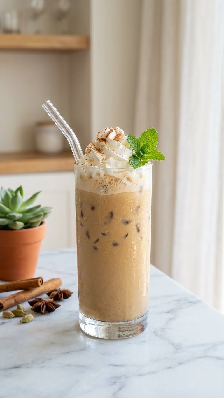 Refreshing iced chai latte with piped whipped cream and cinnamon in a tall glass on a marble countertop with a succulent.