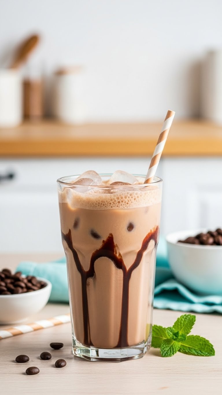 Refreshing iced chocolate protein coffee in a tall glass with ice, chocolate swirl, frothy top, and decorative straw on a light wooden table.