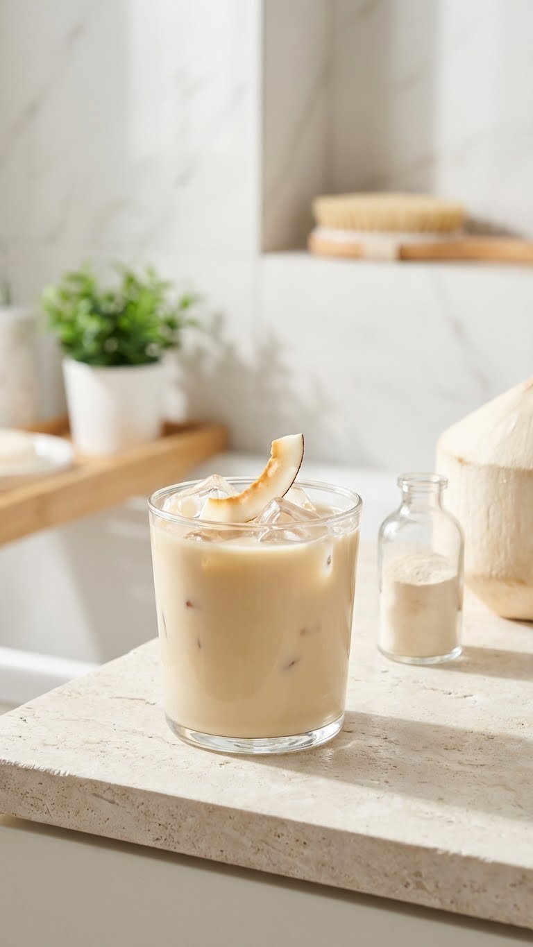 Iced Protein Coffee: 7 Proven Recipes & Expert Tips 11 Refreshing iced coconut collagen protein coffee with coconut froth, toasted flake, and ice in a clear glass.