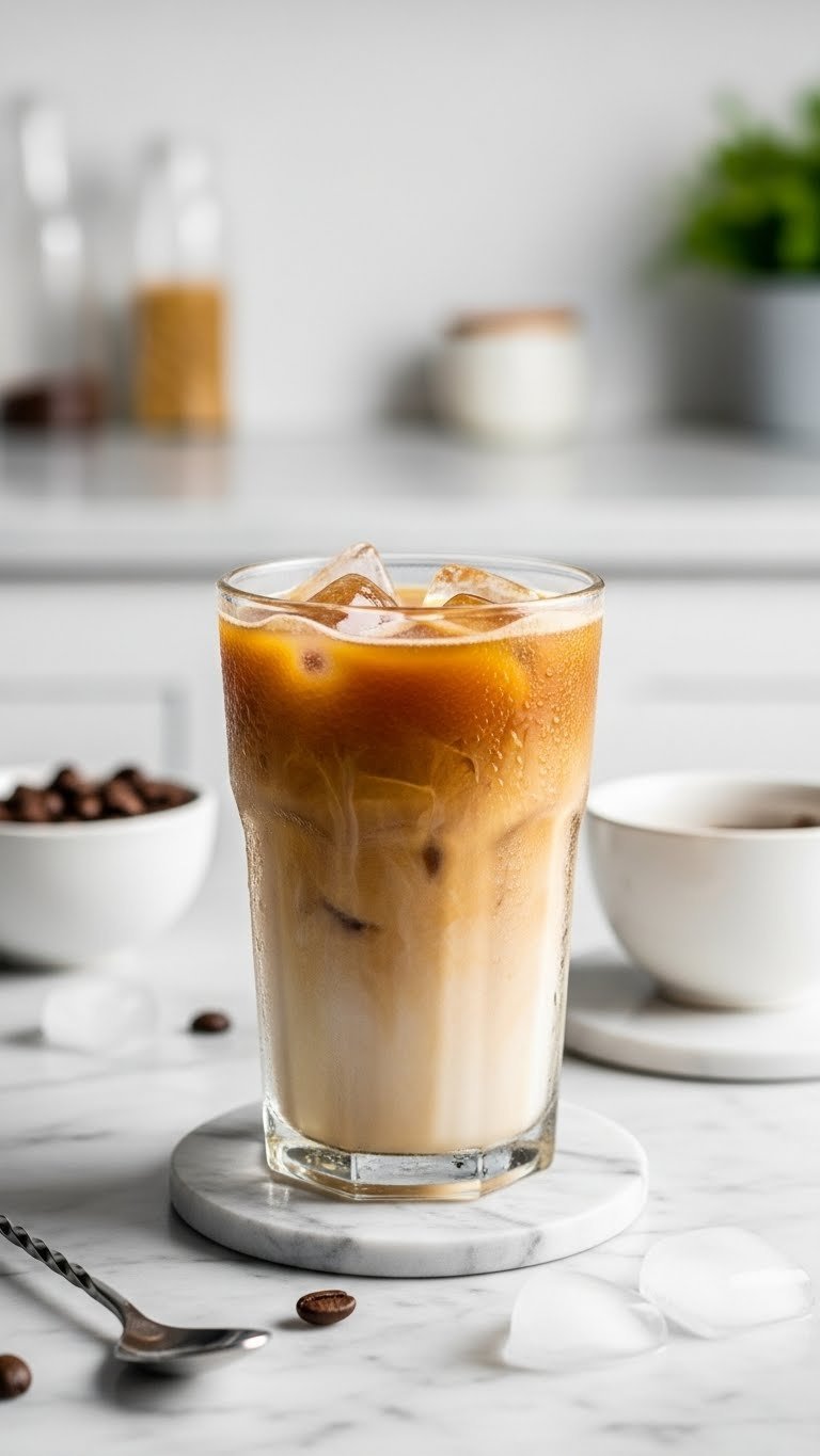 Refreshing iced coffee drink in tall glass with honey syrup and condensation on marble countertop