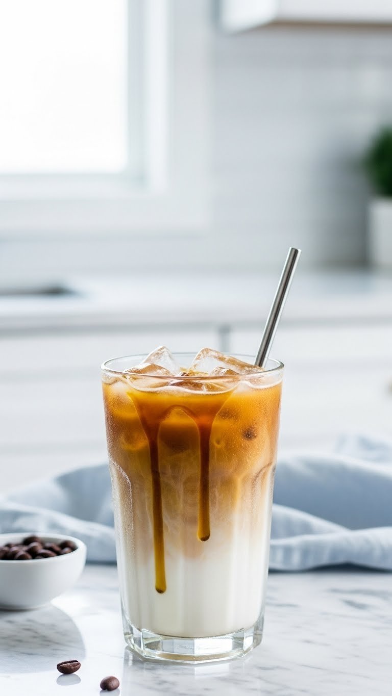 Rich Maple Syrup Coffee: 7 Recipes for Cafe Taste 3 Refreshing iced maple latte in tall glass with creamy coffee layers and golden maple syrup drizzle on marble countertop