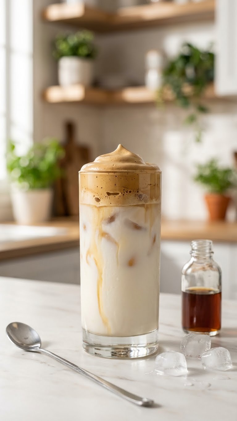 Mushroom Whipped Coffee: Ultimate Recipe for Focus & Energy 9 Refreshing iced mushroom whipped coffee with a delicate vanilla swirl cascading in a tall glass with ice on a marble counter.