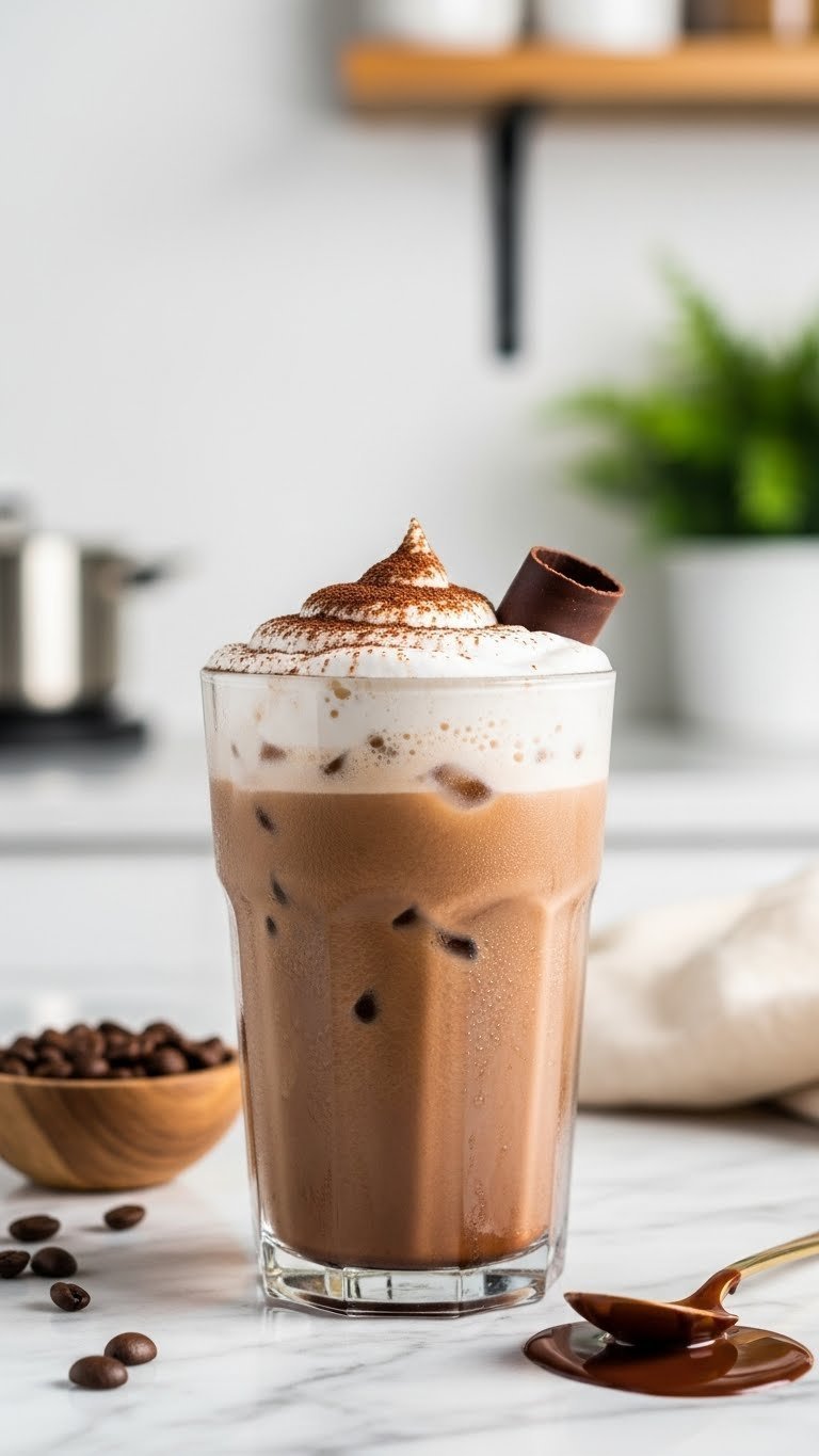 Protein Coffee Mocha: 5 Delicious Recipes for Busy Mornings 1 Refreshing iced protein coffee mocha with rich foam, chocolate curl, and ice, beautifully presented on a marble counter in a blurred kitchen.