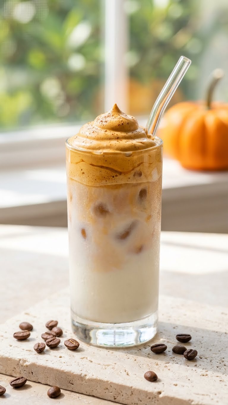 Pumpkin Whipped Coffee Recipe Easy Creamy Dalgona Style 5 Refreshing iced pumpkin whipped coffee in condensation-beaded glass with reusable straw and coffee beans
