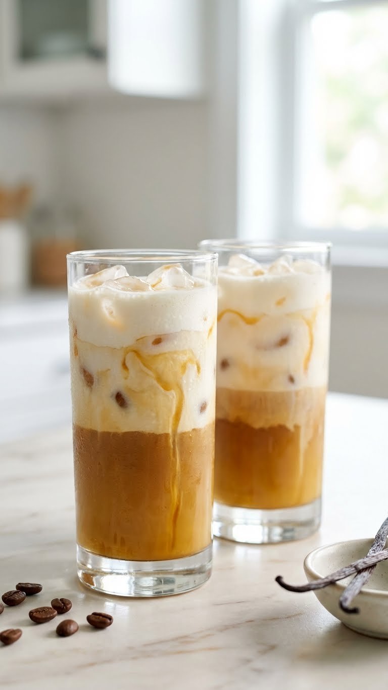 Iced Protein Coffee: 7 Proven Recipes & Expert Tips 1 Refreshing iced vanilla protein coffee in a clear glass, with frothy layers, ice, and vanilla syrup drizzle on a marble counter.