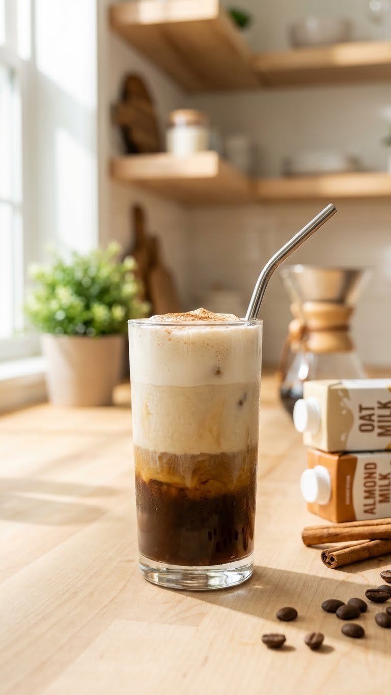 Iced Protein Coffee: 7 Proven Recipes & Expert Tips 5 Refreshing iced vegan vanilla latte protein coffee with frothy plant-based milk and cinnamon dusting in a clear glass.
