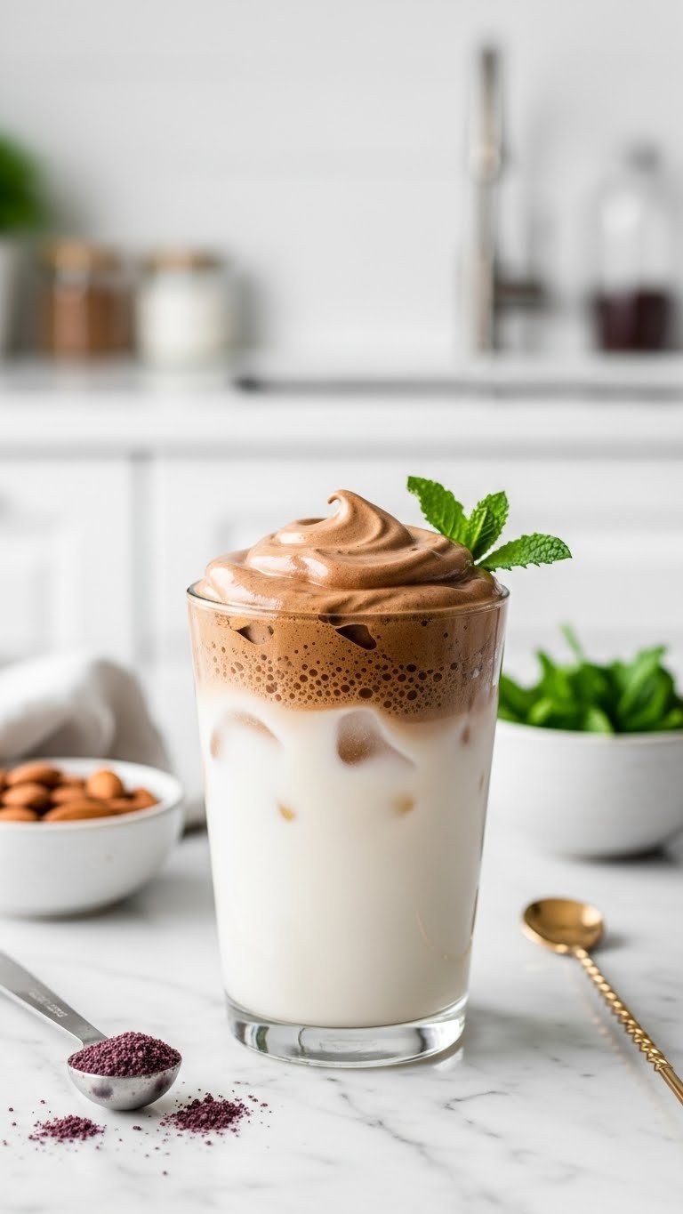 Refreshing keto protein dalgona coffee with dark whipped layer, almond milk, and ice on a marble countertop with mint and stirrer.