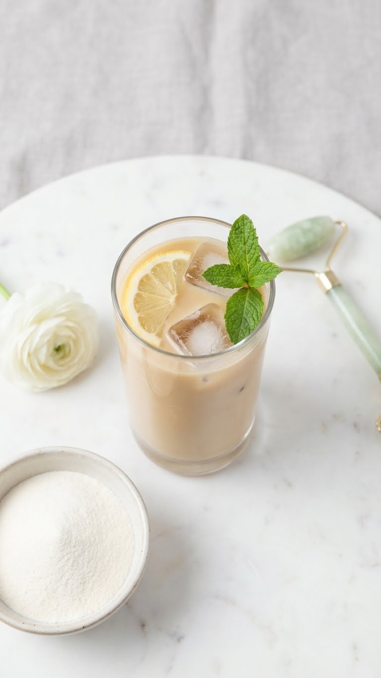 Cold Brew Protein Coffee: 7 Delicious Recipes for Energy 9 Refreshing light collagen beauty brew cold coffee with ice and a lemon slice on a clean white marble surface.