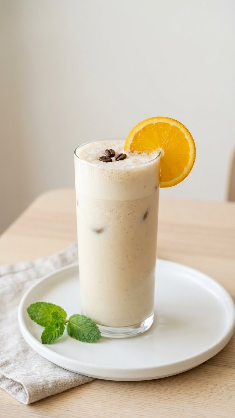 Protein Coffee Smoothie: Delicious Energy & Muscle Boost 7 Refreshing low-calorie protein coffee smoothie in an elegant glass with coffee bean garnish on a white ceramic plate and mint.