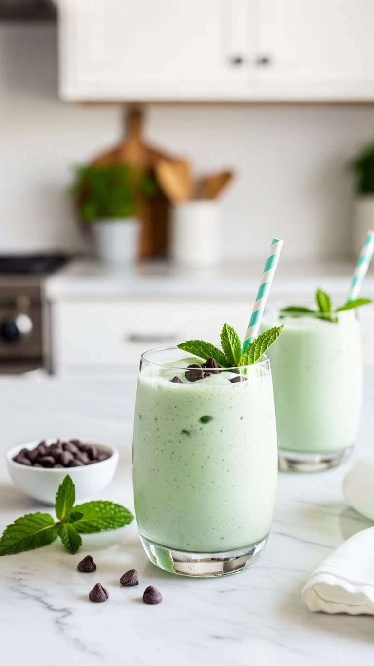 Refreshing mint chocolate chip keto coffee protein shake with chocolate chips and mint sprig