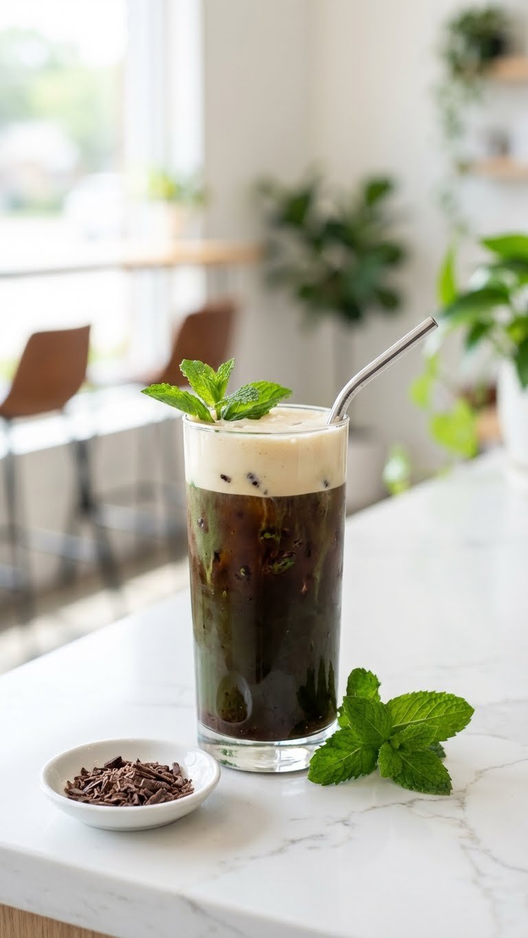 Complete High Protein Coffee Recipes For Busy Mornings 13 Refreshing mint chocolate chip protein cold brew in a glass with green hues, chocolate flecks, foam, mint garnish.