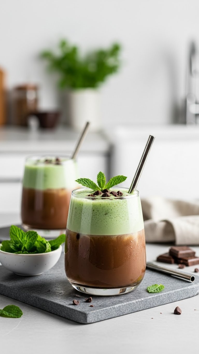 Refreshing mint chocolate protein iced coffee with fresh mint garnish on cool stone surface