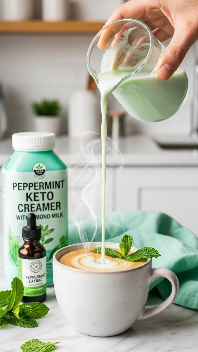 Refreshing peppermint keto coffee creamer with subtle green tint poured into coffee mug with fresh mint leaves