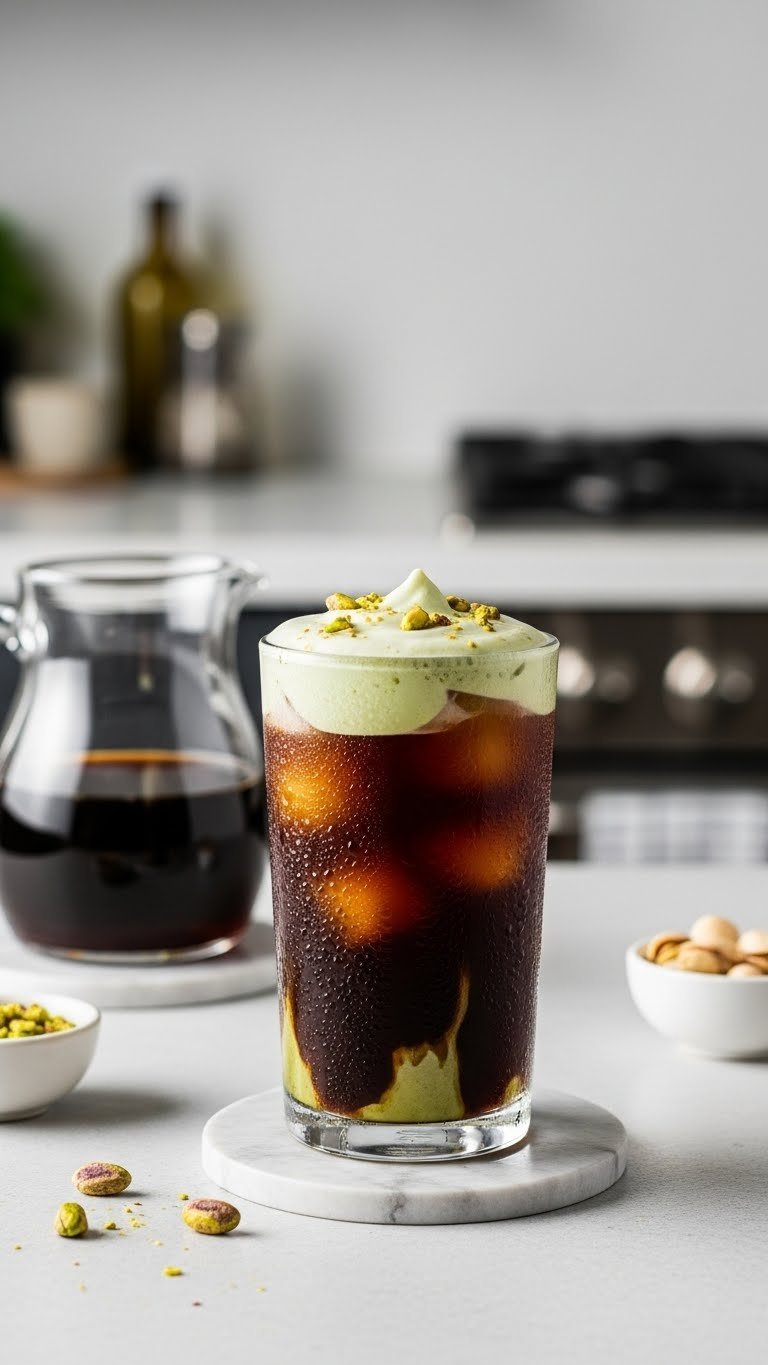 Refreshing pistachio cold brew coffee with creamy foam topping on light stone countertop