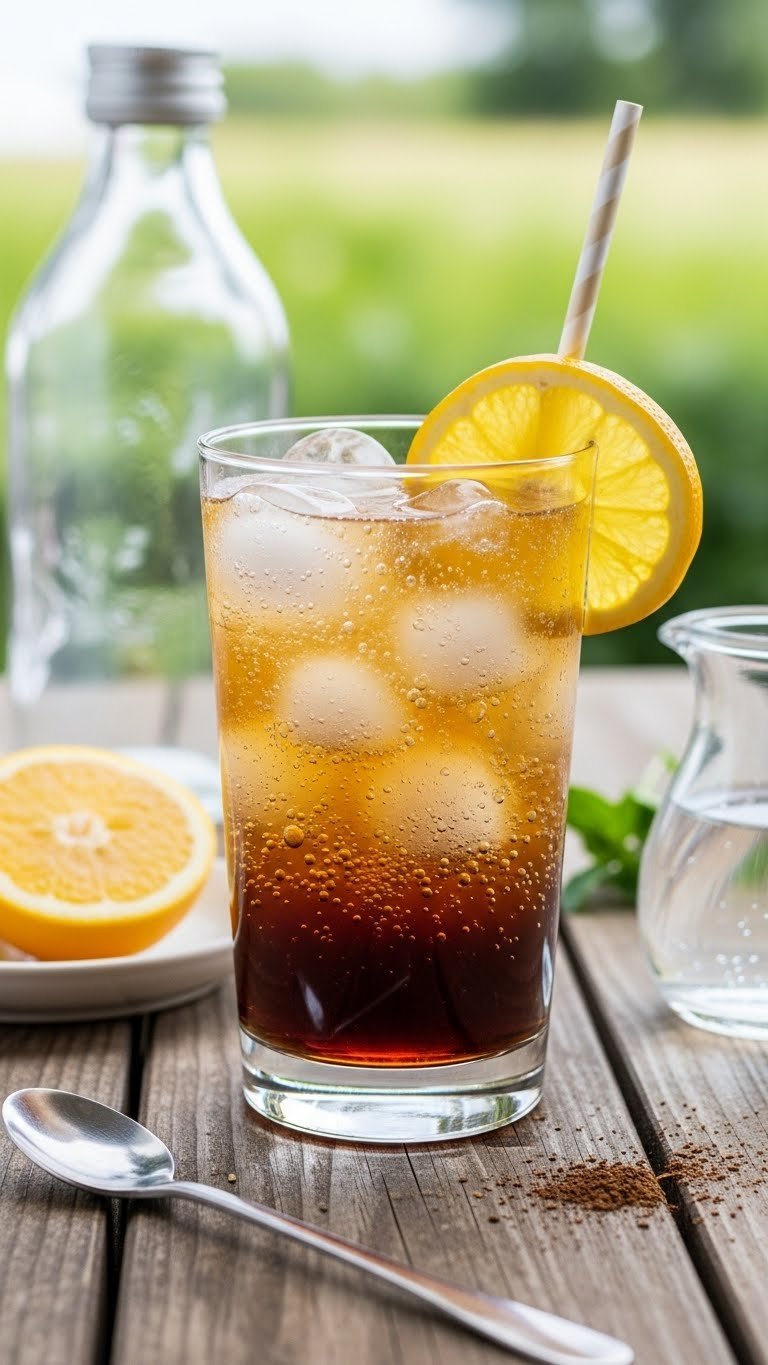 Refreshing spiked instant coffee soda with citrus slice garnish in tall glass on rustic wooden table
