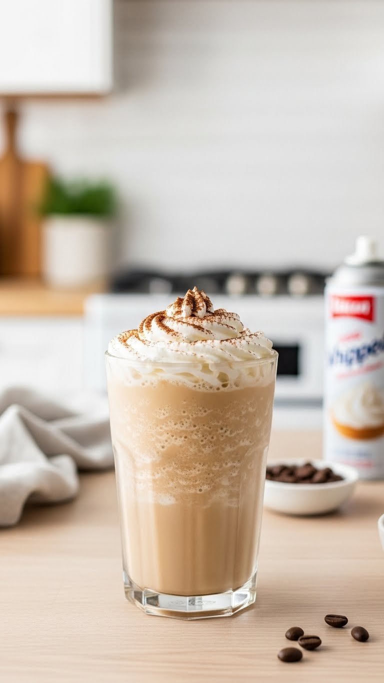 Refreshing whipped iced latte topped with whipped cream and cocoa powder on clean wooden table with blender.
