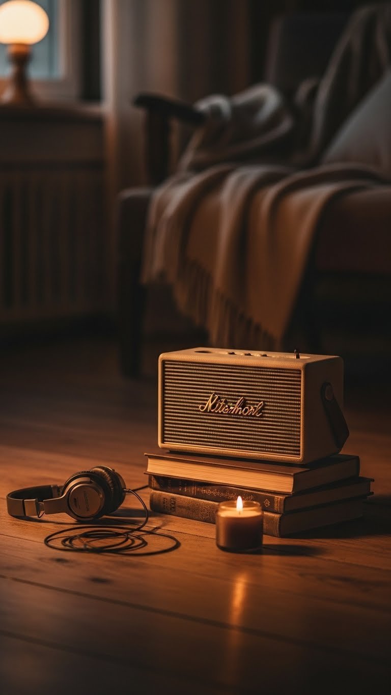 Black Coffee Rain Aesthetic: 11 Elements for Perfect Mood 21 Retro Bluetooth speaker on stack of old books in cozy corner with warm golden lamp light casting shadows