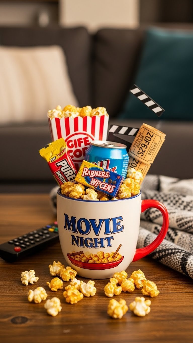 Retro-themed ceramic mug bursting with movie night snacks including popcorn packets, classic candies, and soda can on rustic table