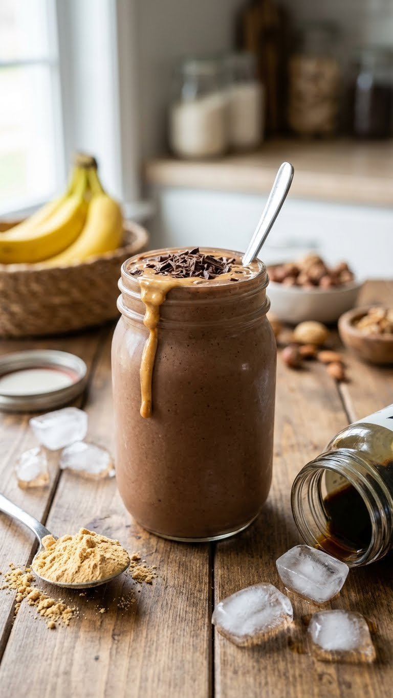 Rich Chocolate Peanut Butter Protein Smoothie with Javy in a mason jar, topped with chocolate shavings.