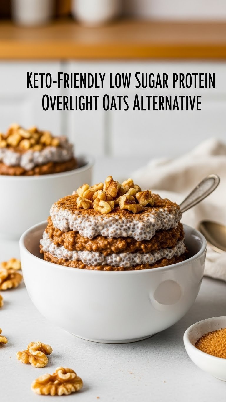 Rich Keto-Friendly Low Sugar Protein Coffee Overnight Oats Alternative with chopped walnuts & cinnamon, warm kitchen.