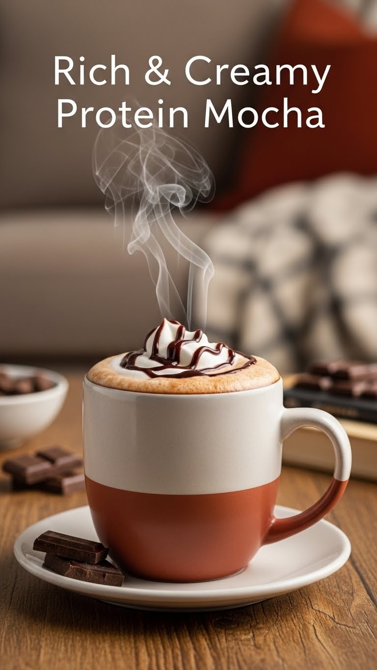 Rich and creamy protein mocha in a ceramic mug on a rustic wooden table