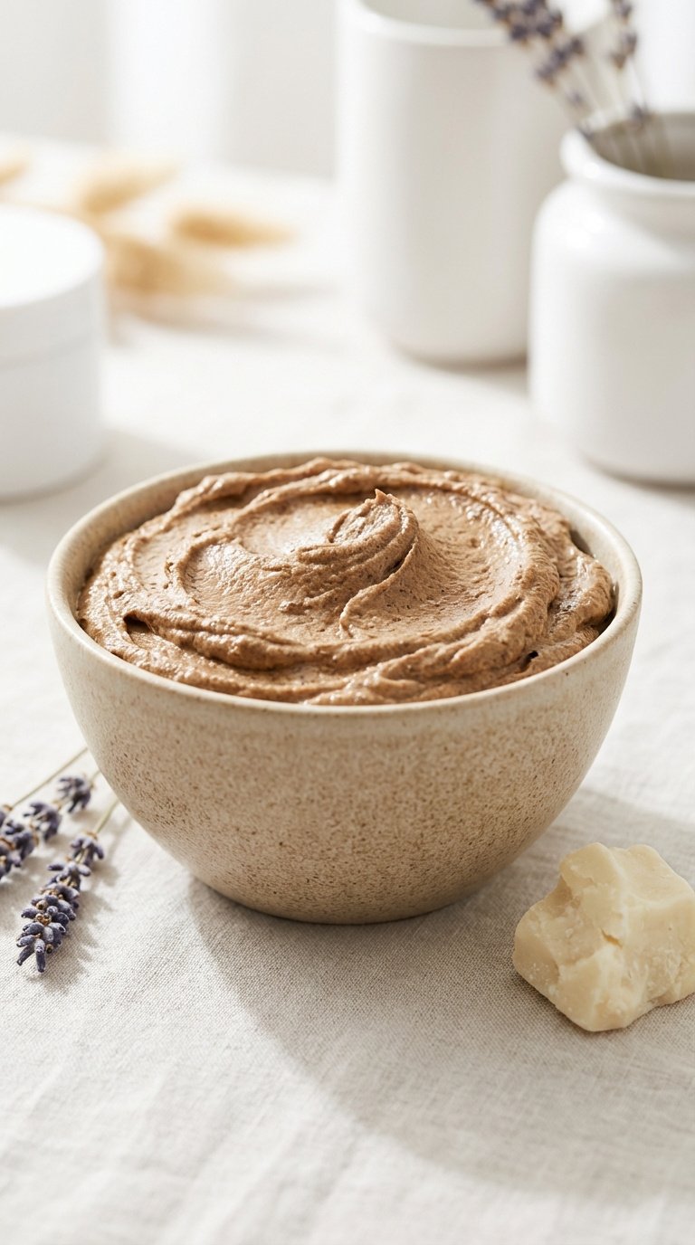 Whipped Coffee Sugar Scrub Recipe for Fluffy Luxurious Skin 3 Rich beige shea butter whipped coffee scrub in ceramic bowl with raw shea butter and dried lavender on linen tablecloth.