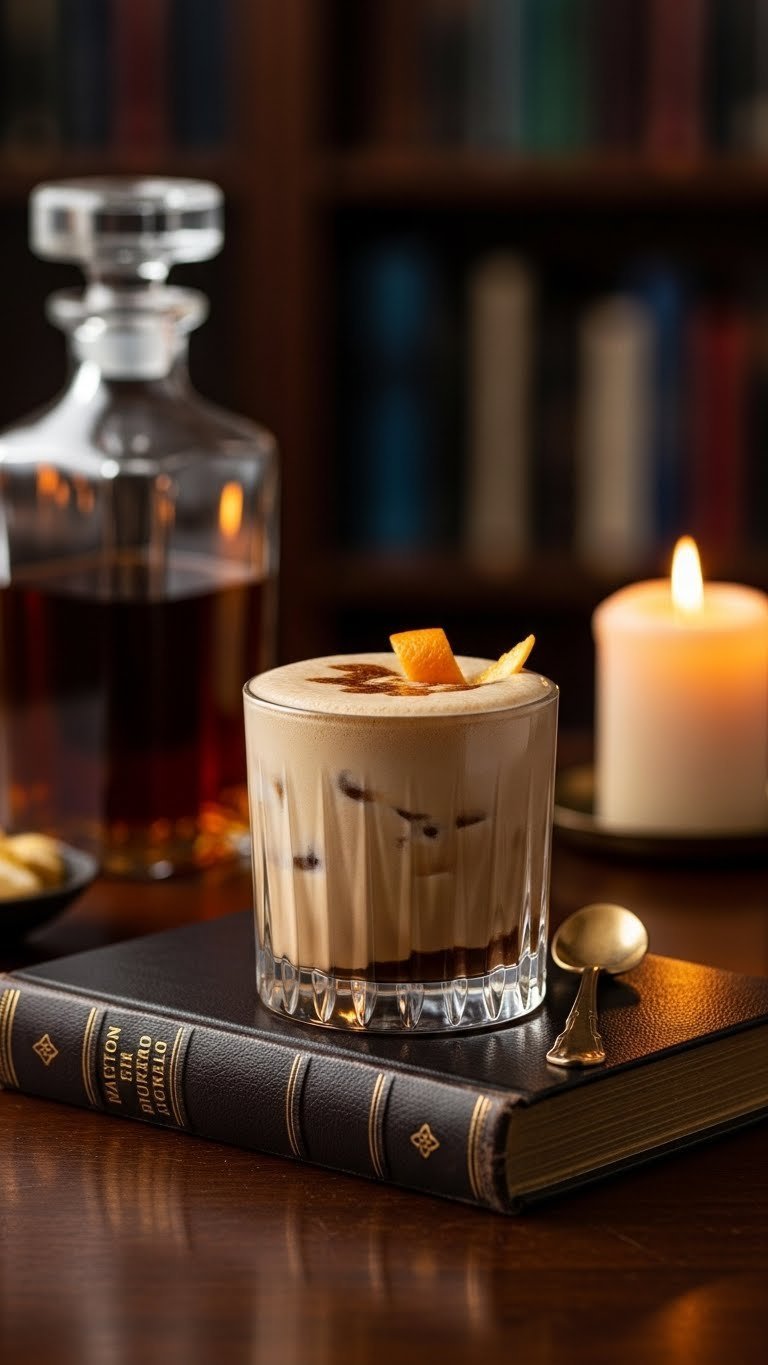 Whipped Coffee Cocktail Recipe With Proven Fluffy Texture 7 Rich bourbon whipped coffee cocktail in sophisticated old-fashioned glass with orange peel twist on leather-bound book