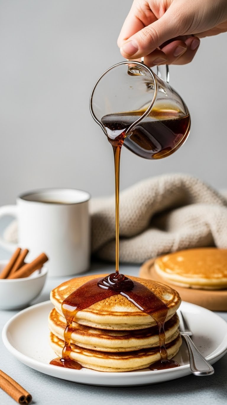 Rich brown sugar cinnamon syrup pouring over fluffy golden pancakes with cinnamon specks visible.