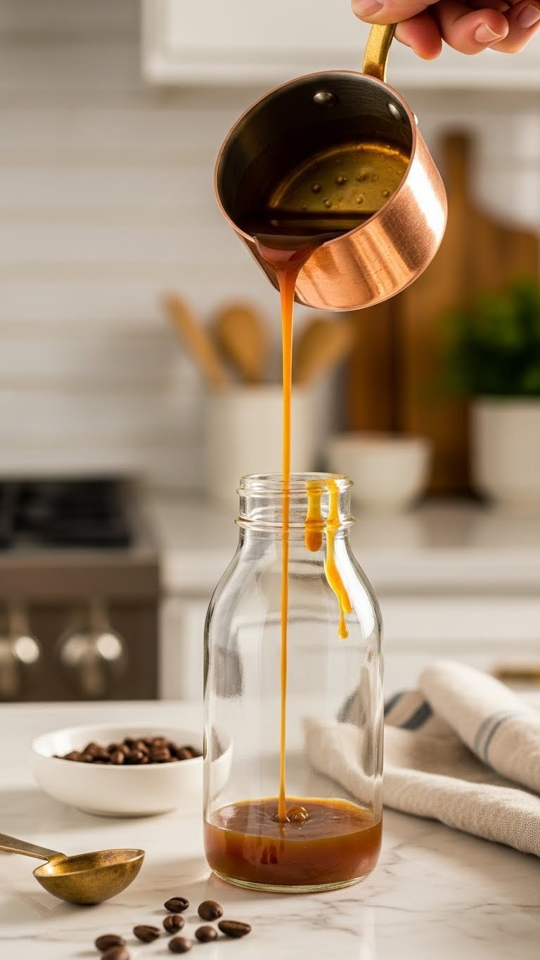 Rich caramel coffee syrup pouring from copper saucepan into clear glass bottle on marble countertop with warm golden hour lighting