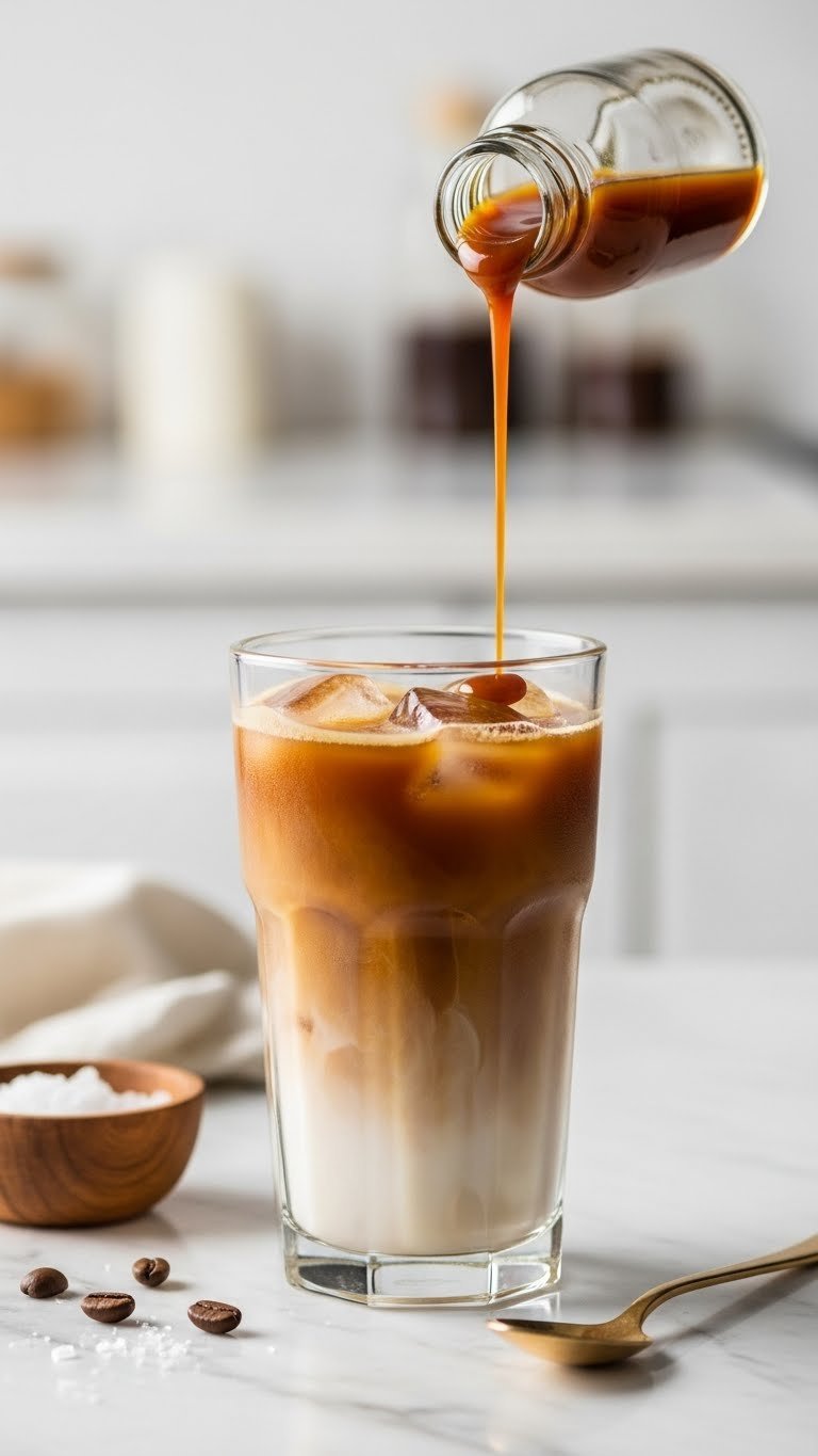 Rich caramel keto coffee syrup drizzled over tall iced coffee glass with sea salt flakes on marble countertop