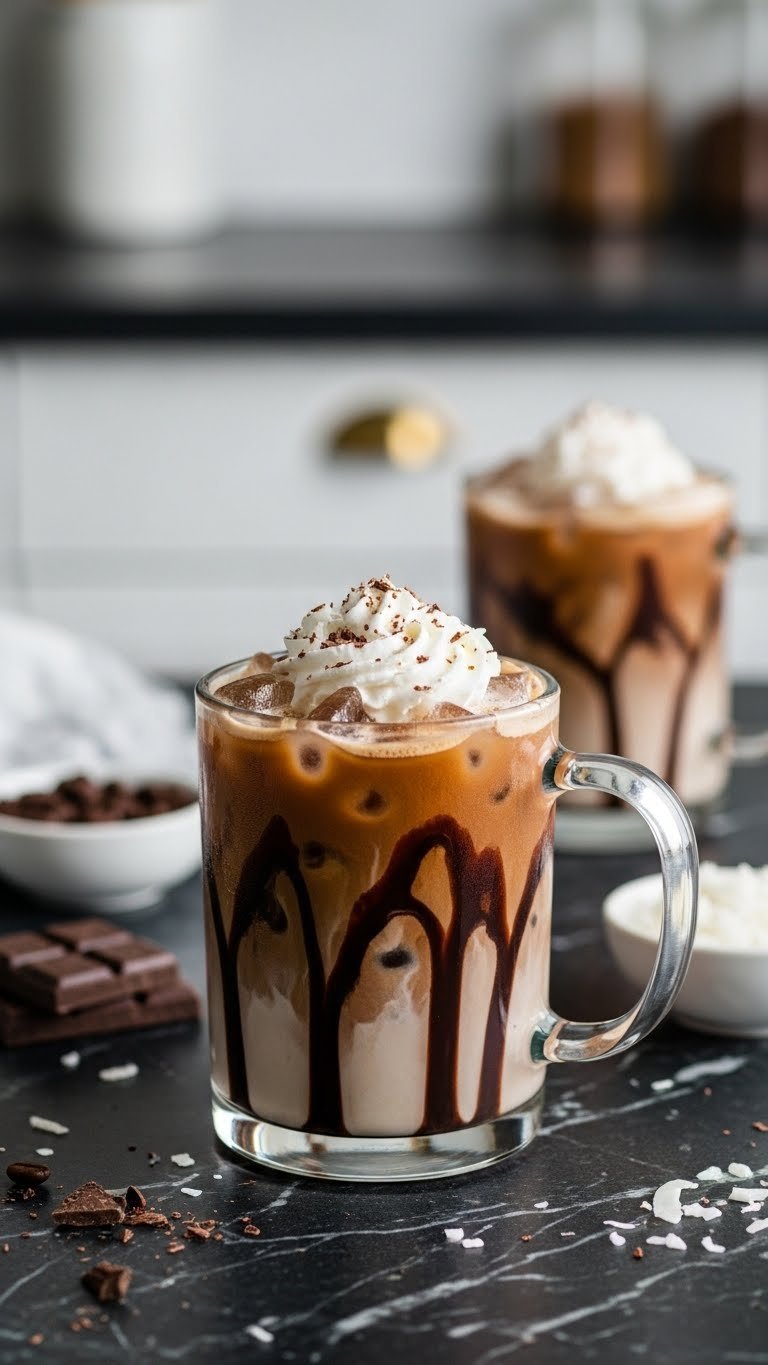 Rich chocolate coconut iced coffee with whipped cream and chocolate shavings on dark marble countertop