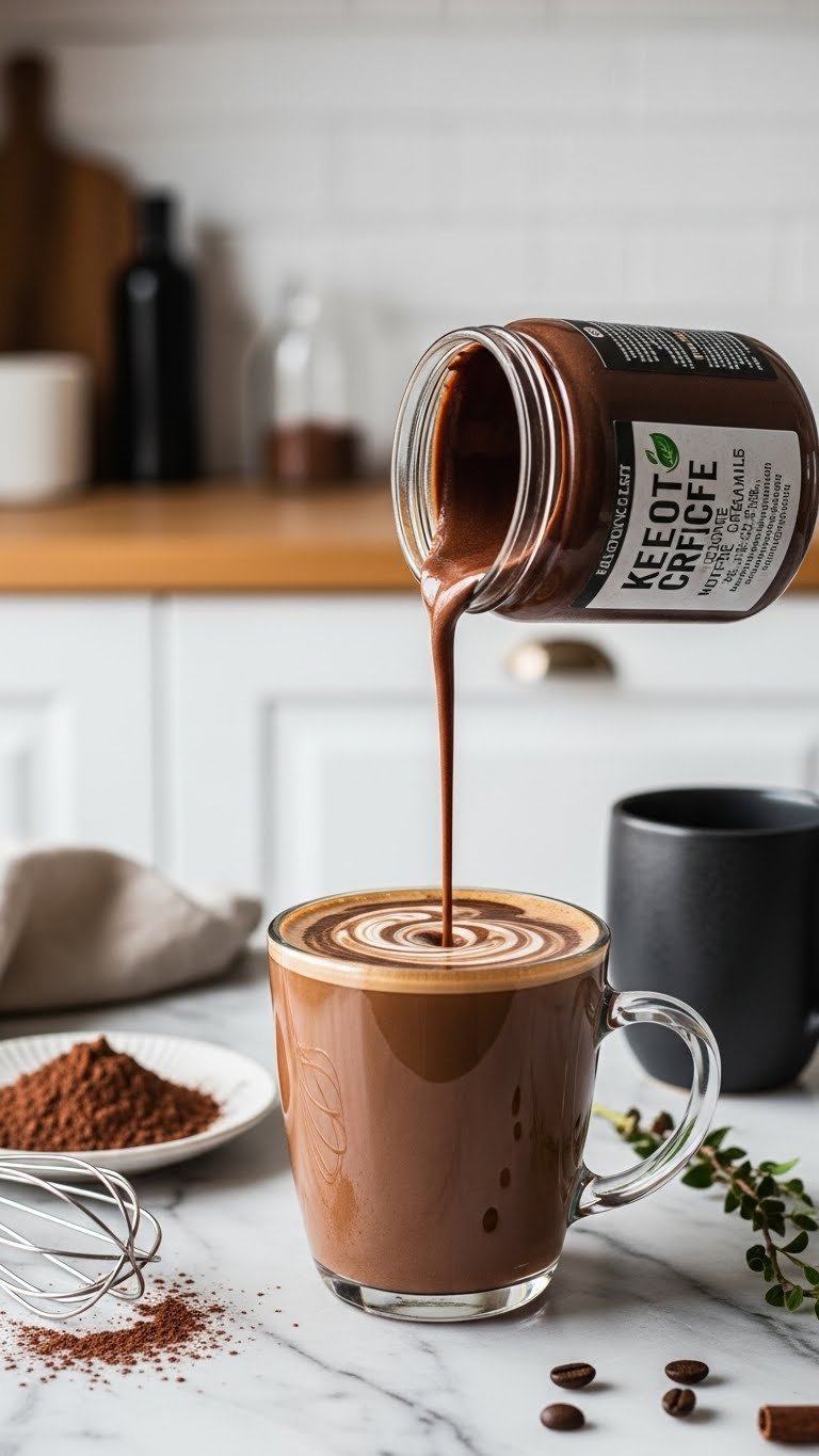 Rich chocolate keto coffee creamer swirling dramatically into coffee mug on marble countertop with cocoa powder garnish