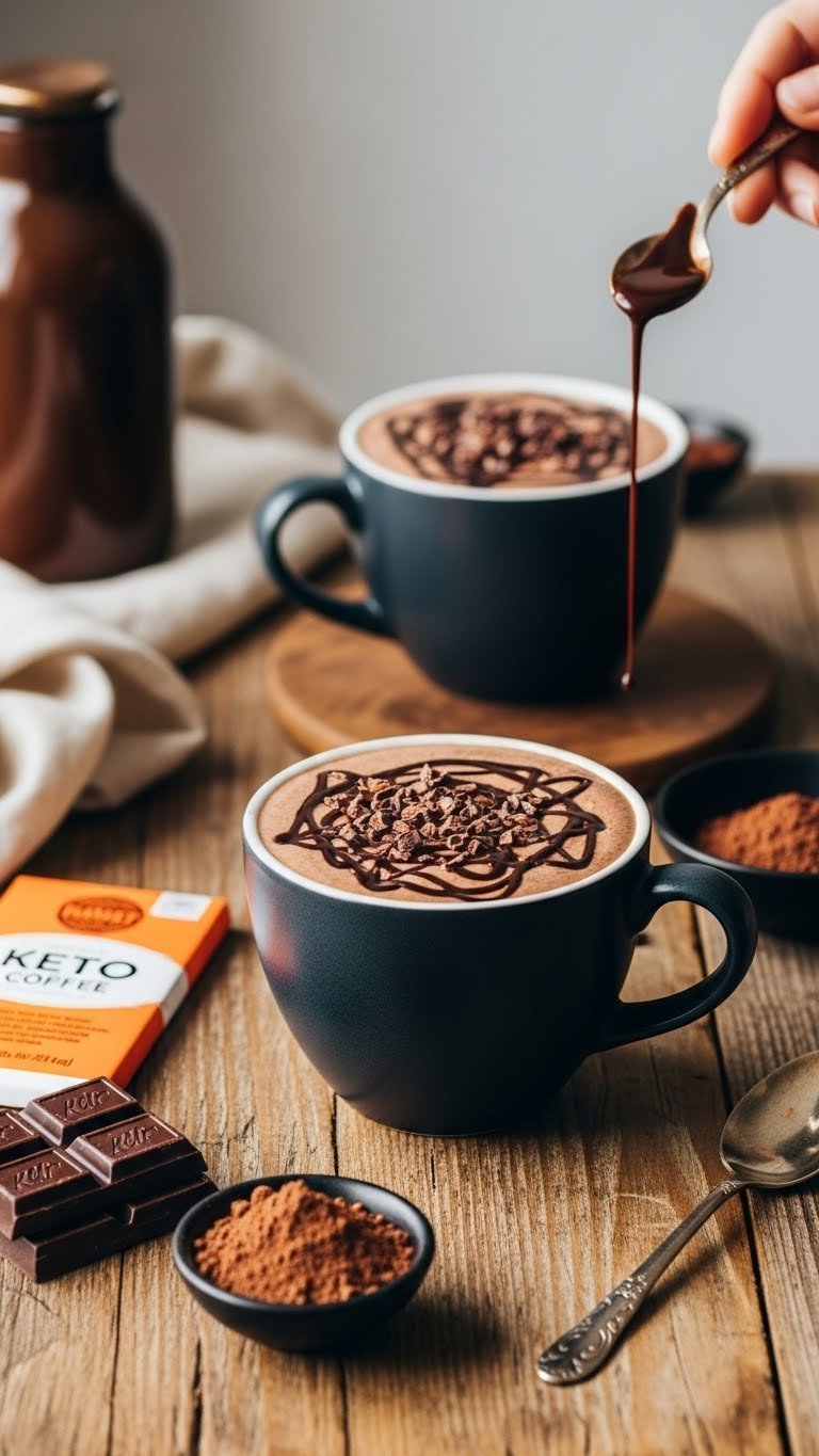 Rich chocolate keto coffee smoothie in dark ceramic mug with chocolate sauce drizzle and cacao nibs