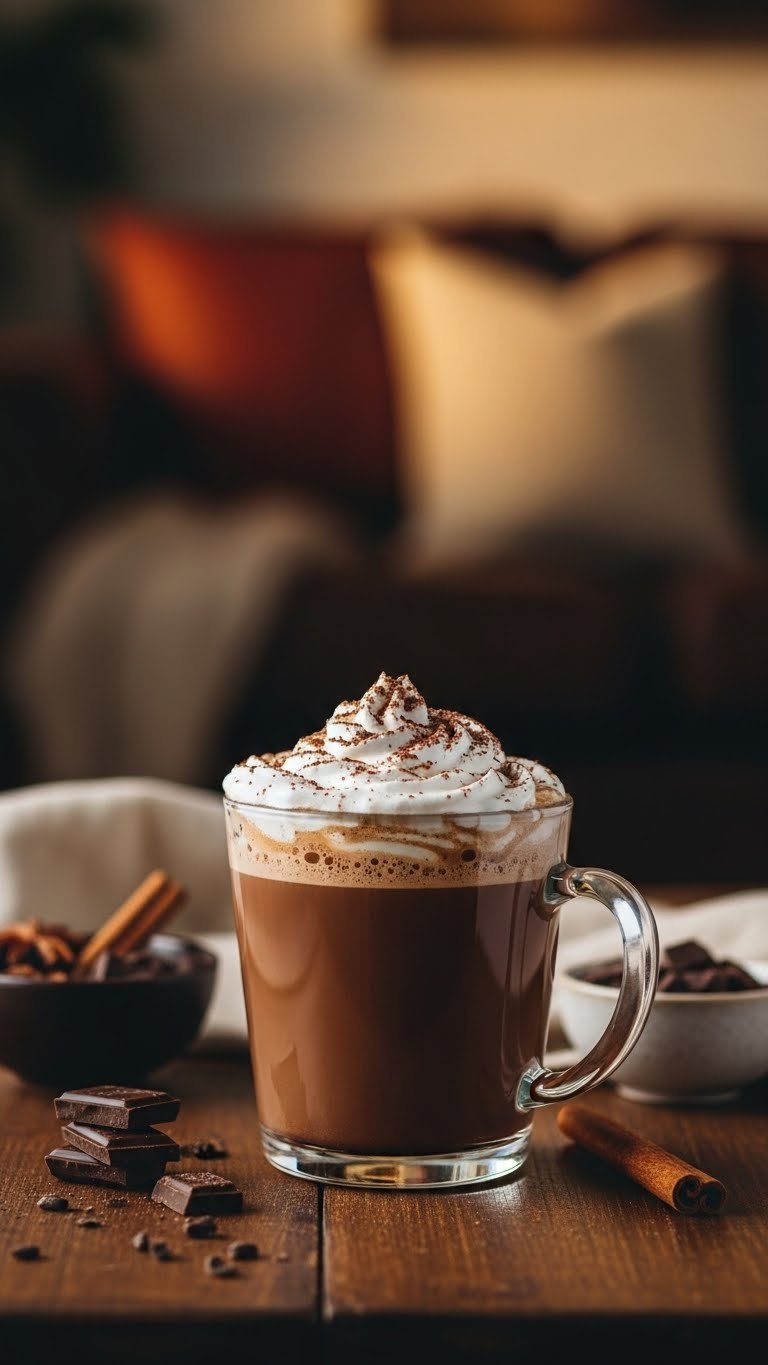 Rich chocolate keto mocha in clear glass mug with sugar-free whipped cream and cocoa powder on dark wooden table.