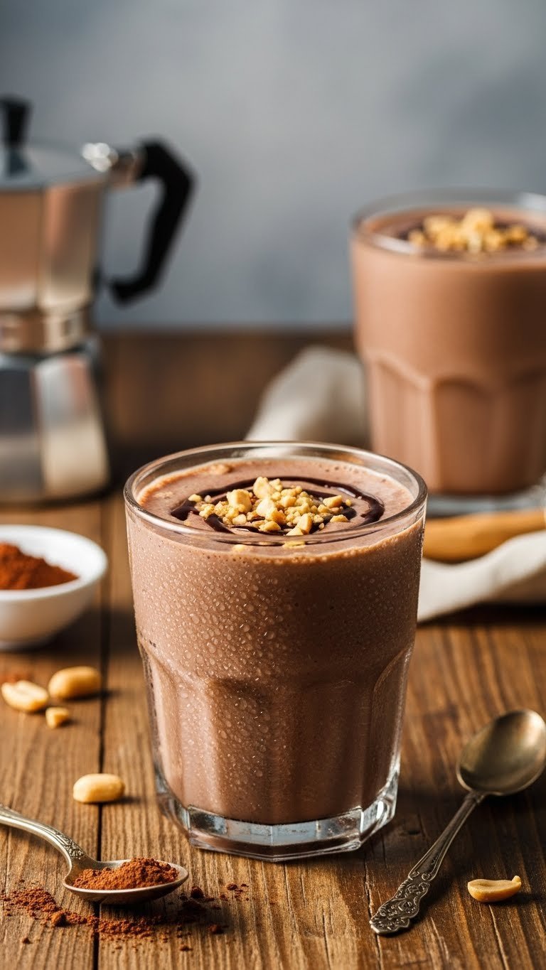 Peanut Butter Protein Coffee: Your Easy 5-Minute Recipe 3 Rich chocolate peanut butter iced coffee smoothie with syrup swirl, crushed peanuts, condensation, on rustic wood. Cozy golden hour drink.