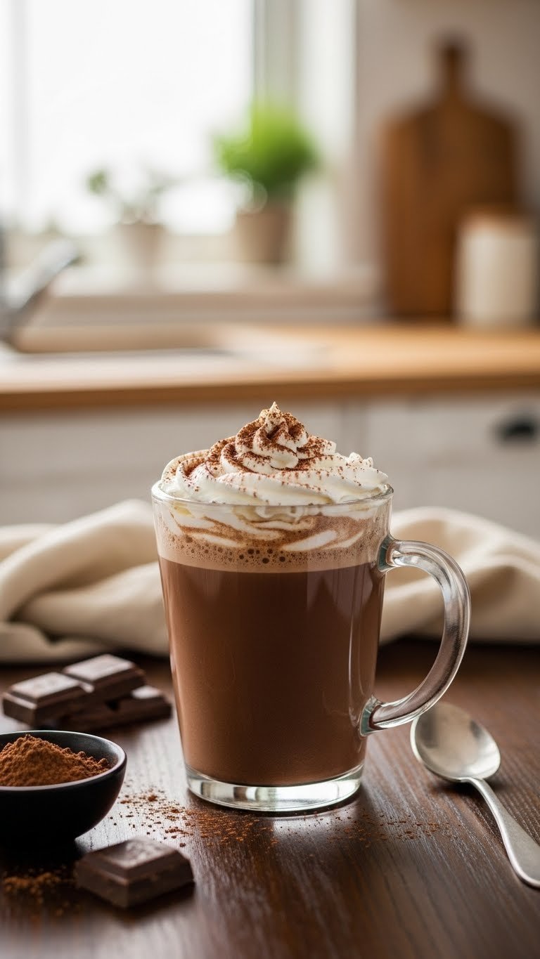 Rich chocolate protein mocha in glass mug with sugar-free whipped cream swirl and cocoa dusting on dark wood table