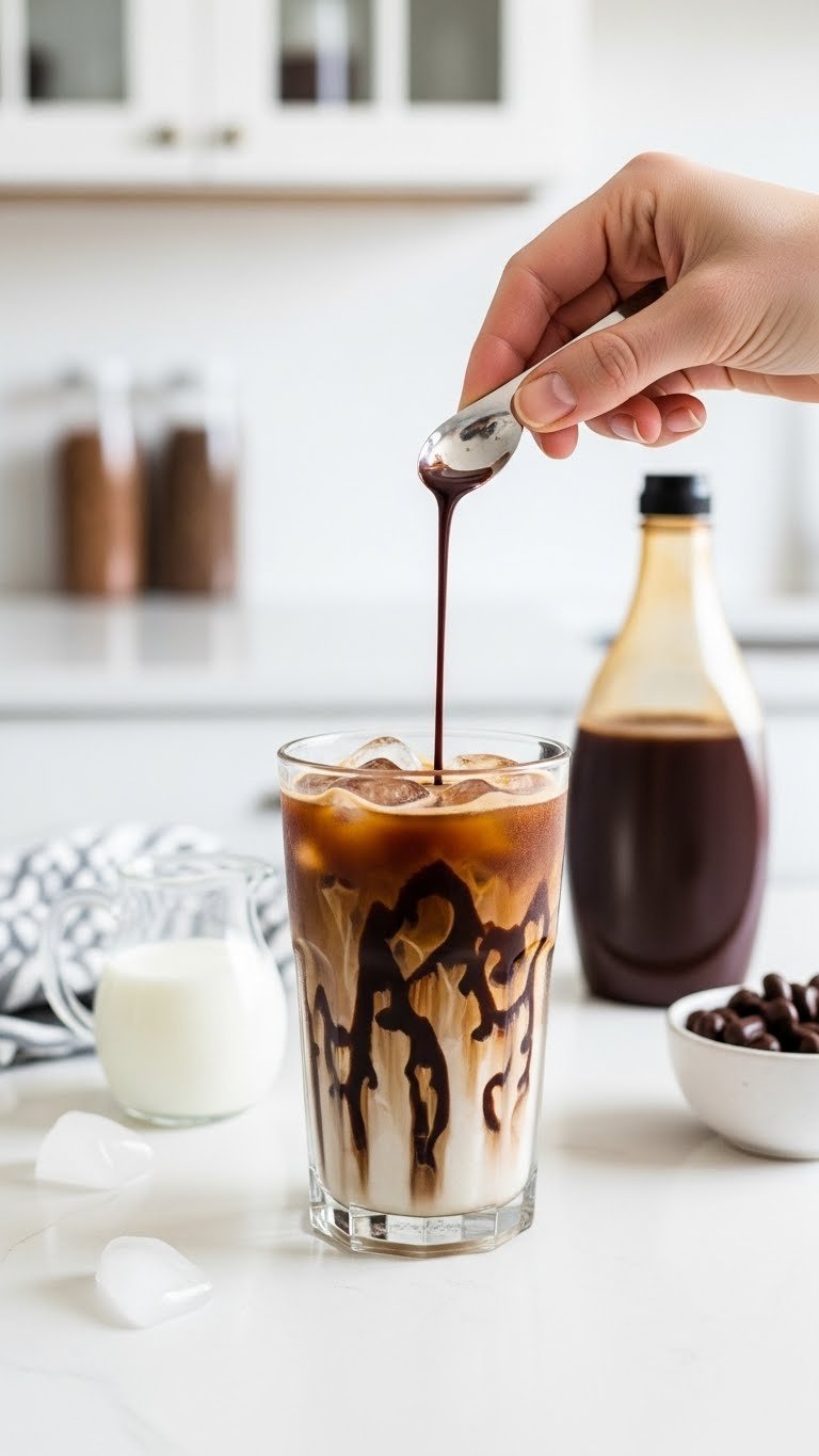 Rich chocolate swirl iced coffee in clear glass on white kitchen counter with chocolate syrup bottle and milk pitcher