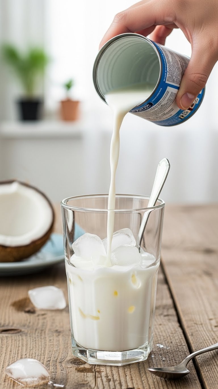 Iced Coconut Whipped Coffee: Ultimate Easy Vegan Recipe 5 Rich coconut cream being poured over ice cubes in clear glass for refreshing iced coconut whipped coffee