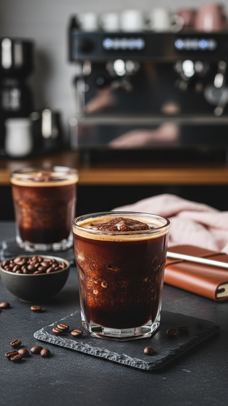 Rich cold brew frozen coffee in dark-toned glass with intense smooth texture on dark stone surface in minimalist cafe