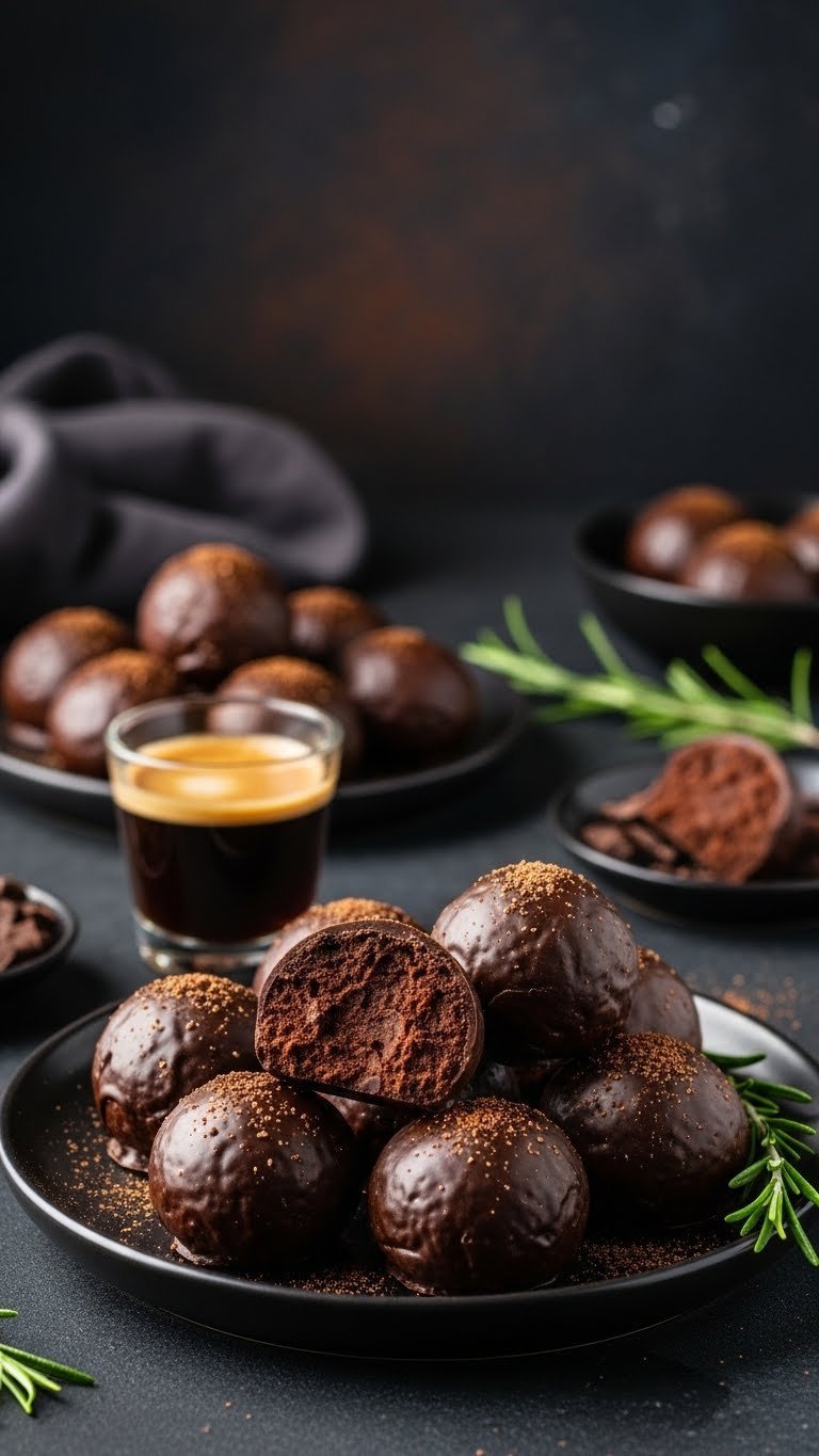 Rich dark chocolate espresso truffles with shiny glaze on black ceramic platter with espresso shot and rosemary sprig in dramatic lighting