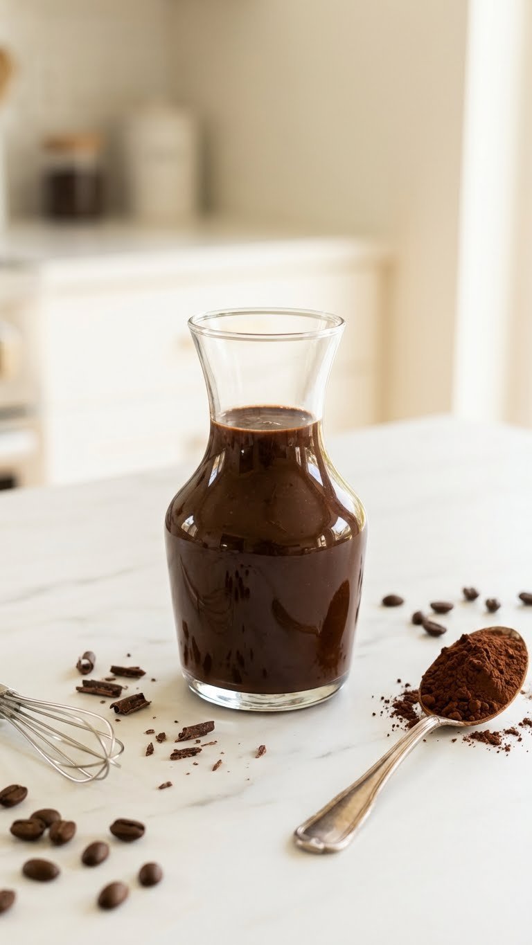 Easy Protein Coffee Creamer: Healthy Recipe for Delicious Mornings 3 Rich dark chocolate protein coffee creamer in a glass carafe, with cocoa powder, chocolate shavings, and coffee beans on marble.