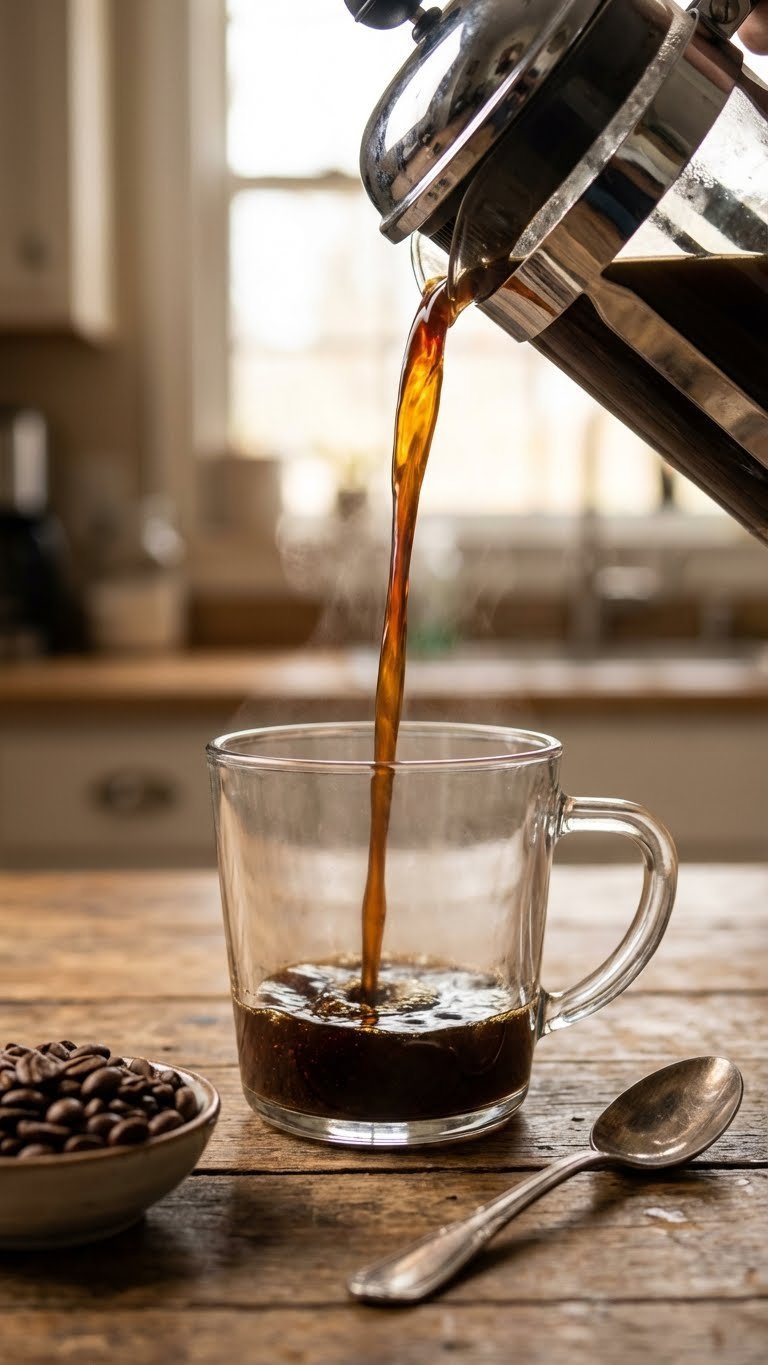Ground Coffee Whipped: 9 Essential Tips for Dalgona Foam 1 Rich, dark coffee concentrate pours from a French press into a glass measuring cup on a rustic table, surrounded by coffee beans.