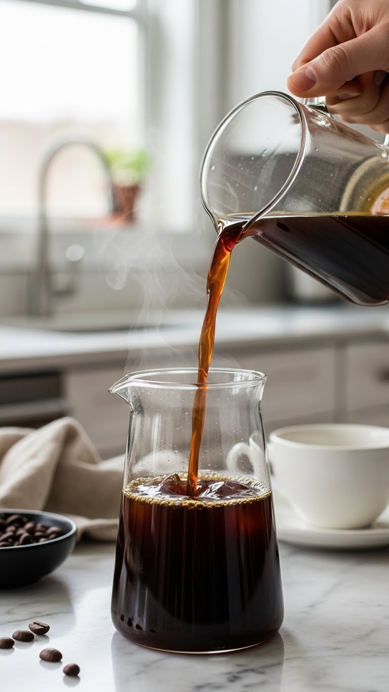 Rich dark coffee pouring into sleek glass pitcher on marble counter with soft bokeh background and coffee beans scattered nearby.