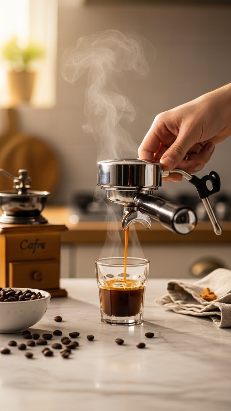 Rich dark espresso pouring from home espresso machine into clear glass with golden crema and steam rising on marble countertop