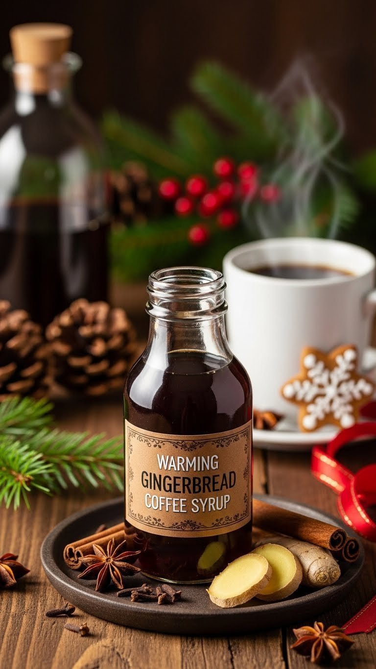 Rich dark gingerbread coffee syrup in rustic glass bottle with star anise and cloves on holiday-themed wooden table