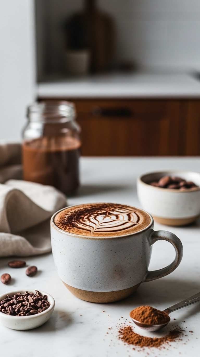 Make Keto Protein Coffee: 7 Delicious, Easy Recipes for Energy 3 Rich dark mocha collagen keto protein coffee with cacao powder and a chocolate swirl in an elegant ceramic mug on marble.