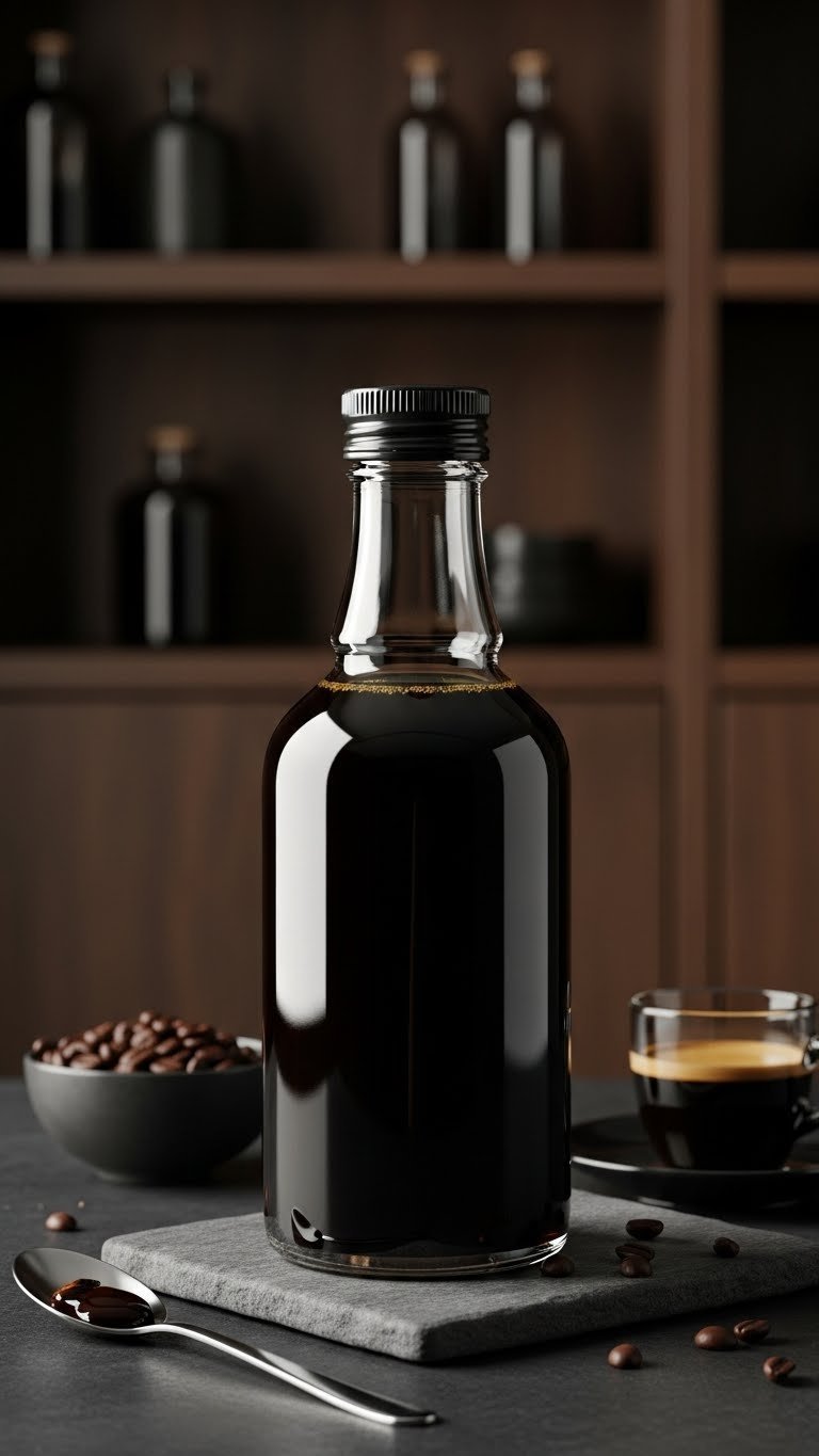 Rich dark roast brown sugar syrup in sleek dark-tinted glass bottle on dark stone surface